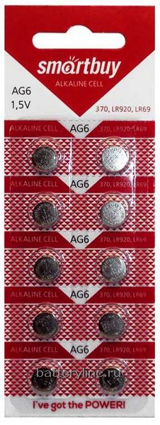 Батарейка часовая G06 SmartBuy (LR920/921/370/371/SR69)(9.5x2.1) BL10 (10/100)  Батарейка часовая G06 SmartBuy (LR920/921/370/371/SR69)(9.5x2.1) BL10 (10/100)