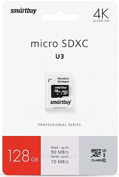 Карта памяти micro-SD.128Gb SmartBuy SDXC Class10 PRO (90/70mbs) +адаптер SD Карта памяти micro-SD.128Gb SmartBuy SDXC Class10 PRO (90/70mbs) +адаптер SD