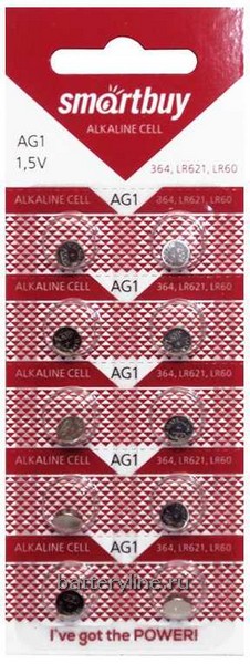Батарейка часовая G01 SmartBuy (LR621/364/SR60)(6.8x2.1) BL10 (10/100) 