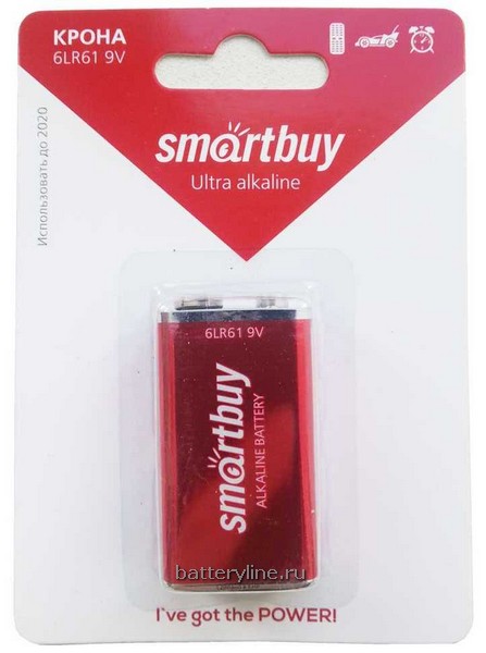 Батарейка крона 6LR61 SmartBuy Alkaline BL1 (1/12) Батарейка крона 6LR61 SmartBuy Alkaline BL1 (1/12)