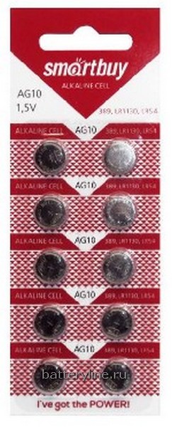 Батарейка часовая G10 SmartBuy (LR1130/389/390/SR54)(11.6x3.1) BL10 (10/100)
