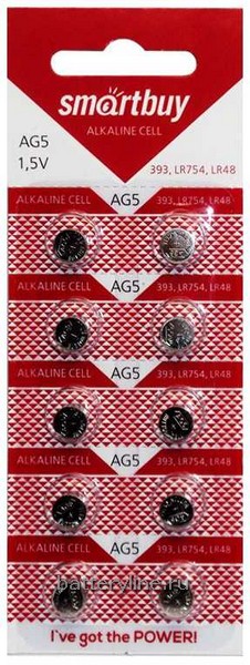Батарейка часовая G05 SmartBuy (LR754/393/SR48)(7.9x5.4) BL10 (10/100)