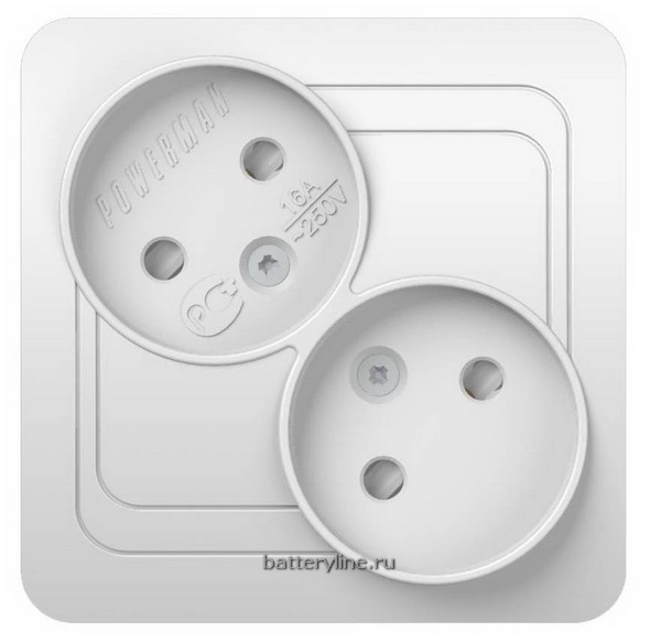 Розетка 2гн PowerMan classic белая 2102DX защ.штор диагональная (3/10)