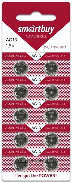 Батарейка часовая G13 SmartBuy (LR44/LR1154/357/A76)(11.6x5.4) BL10 (10/100)