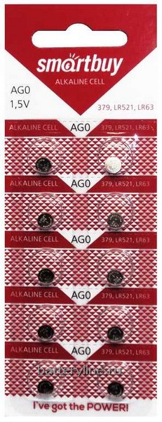 Батарейка часовая G0 SmartBuy (LR63/521/379/СЦ0,14)(5.8x2.1) BL10 (10/100) Батарейка часовая G0 SmartBuy (LR63/521/379/СЦ0,14)(5.8x2.1) BL10 (10/100)