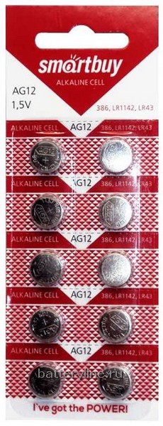 Батарейка часовая G12 SmartBuy (LR43/386/LR1142)(11.6x4.2) BL10 (10/100) 