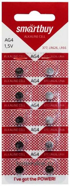 Батарейка часовая G04 SmartBuy (LR626/377/SR66)(6.8x2.6mm) BL10 (10/100)
