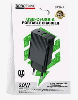 Зарядка сетевая вых=2x5V (PD20W(Type-C)+QC3.0 3.1A USB 18W) двойной Borofone BAS74A черный 22750