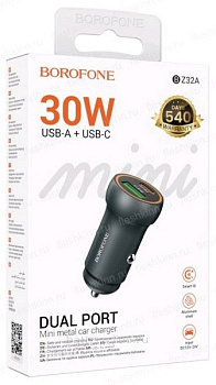 АЗУ вх12V вых=2x5V (3.0 USB QC3.0 + PD30W(Type-C) Borofone BZ32A черный 18579