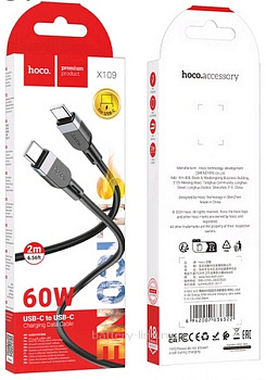 Кабель USB Type-C - Type-C 2.0m Hoco X109 3A PD60W силикон черный в коробке 736322