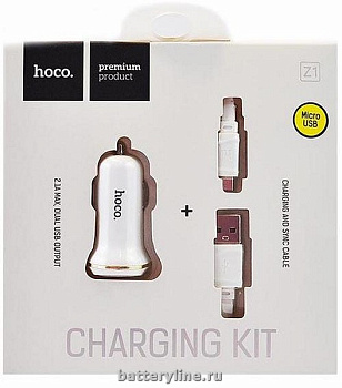 АЗУ вх12V вых=2x5V (2.1A USB+шн.microUSB) двойной HOCO Z1 белый 040194 АЗУ вх12V вых=2x5V (2.1A USB+шн.microUSB) двойной HOCO Z1 белый 040194