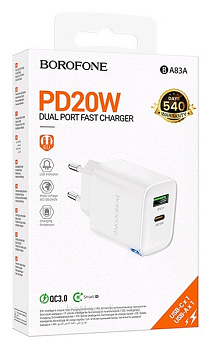 Зарядка сетевая вых=2x5V (PD20W(Type-C)+QC3.0 3.1A USB 18W) QC3.0 двойной Borofone BA83A белый 117343 Зарядка сетевая вых=2x5V (PD20W(Type-C)+QC3.0 3.1A USB 18W) QC3.0 двойной Borofone BA83A белый 117343