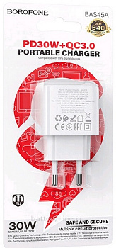 Зарядка сетевая вых=2x5V (PD30W(Type-C)+QC3.0 3.1A USB 18W) двойной Borofone BAS45A черный 213871