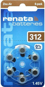 Батарейка. для слуховых аппаратов Z312/PR41/G03 RENATA (7.8x3.45mm)(1.4v;130mAh) ZincAir BL6 (6)