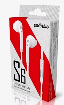 Наушники  SmartBuy SBH-202K S6 вакуумные +микрофон+кнопка ответа в коробке белый Наушники  SmartBuy SBH-202K S6 вакуумные +микрофон+кнопка ответа в коробке белый