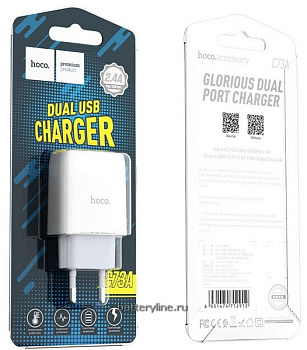 Зарядка сетевая вых=2x5V (2.4A+1.0A USB) двойной HOCO C73A белый 712912++ Зарядка сетевая вых=2x5V (2.4A+1.0A USB) двойной HOCO C73A белый 712912++