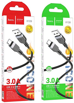 Кабель USB Type-C 2.0m HOCO X109 3A силиконовый черный в коробке 036315