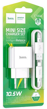 Зарядка сетевая вых=(5V; 2.1A USB+шн.iPhone5 8-pin) HOCO C106A белый 783899 Зарядка сетевая вых=(5V; 2.1A USB+шн.iPhone5 8-pin) HOCO C106A белый 783899