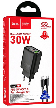 Зарядка сетевая вых=2x5V (PD30W(Type-C)+кабель Type-C--Type-C)+QC3.0 3.0A USB 18W) QC3.0 двойной Hoco N63 черный 44396 Зарядка сетевая вых=2x5V (PD30W(Type-C)+кабель Type-C--Type-C)+QC3.0 3.0A USB 18W) QC3.0 двойной Hoco N63 черный 44396