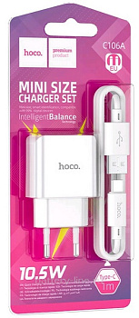 Зарядка сетевая вых=(5V; 2.1A USB+шн.TYPE-C) HOCO C106A белый 783912 Зарядка сетевая вых=(5V; 2.1A USB+шн.TYPE-C) HOCO C106A белый 783912