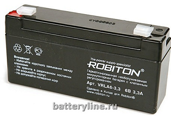 аккумулятор  6v  3300mAh 633Pb Robiton 32x59x123мм VRLA6-3.3  942745