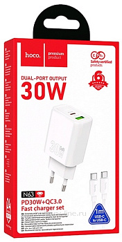Зарядка сетевая вых=2x5V (PD30W(Type-C)+кабель Type-C--Type-C)+QC3.0 3.0A USB 18W) QC3.0 двойной Hoco N63 белый 644402 Зарядка сетевая вых=2x5V (PD30W(Type-C)+кабель Type-C--Type-C)+QC3.0 3.0A USB 18W) QC3.0 двойной Hoco N63 белый 644402