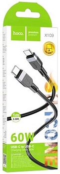 Кабель USB Type-C - Type-C 1.0m Hoco X109 3A PD60W силикон черный в коробке 736261