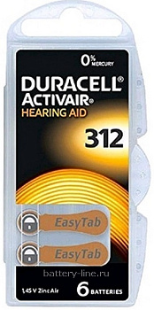 Батарейка. для слуховых аппаратов Z312/PR41/G03 Duracell (7.8x3.45mm)(1.4v;130mAh) ZincAir BL6 (6)