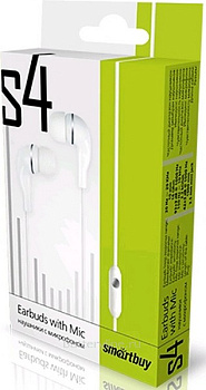 Наушники  SmartBuy SBH-012K S4 вакуумные +микрофон+кнопка ответа в коробке белый 057944 Наушники  SmartBuy SBH-012K S4 вакуумные +микрофон+кнопка ответа в коробке белый 057944